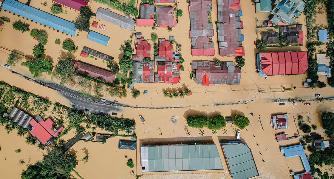Aerial view of flood covering roofs