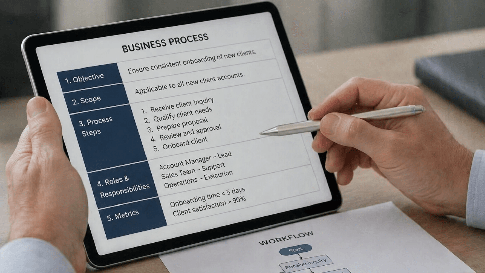 Close-up of hands reviewing a structured systemisation manual on a tablet and paper.